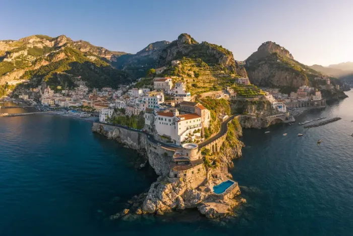Framed Print : Aerial view of Amalfi, Amalfi Coast, Gulf of Salerno, Salerno province, Campania, Italy Framed Print : Aerial view of Amalfi, Amalfi Coast, Gulf of Salerno, Salerno province, Campania, Italy