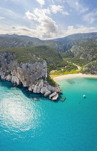 Aerial view of the amazing beach of Cala Luna and the mouth of the river Codula di Luna