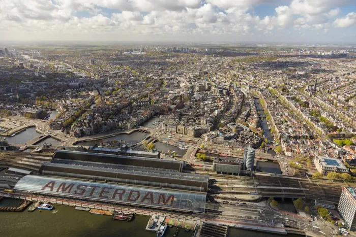 Framed Print : Aerial view of Amsterdam with Amsterdam Central Railway station, Netherlands Framed Print : Aerial view of Amsterdam with Amsterdam Central Railway station, Netherlands