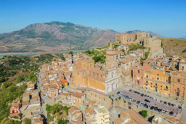 Aerial view of the ancient church and castle of Caccamo, Palermo district, Sicily, Italy