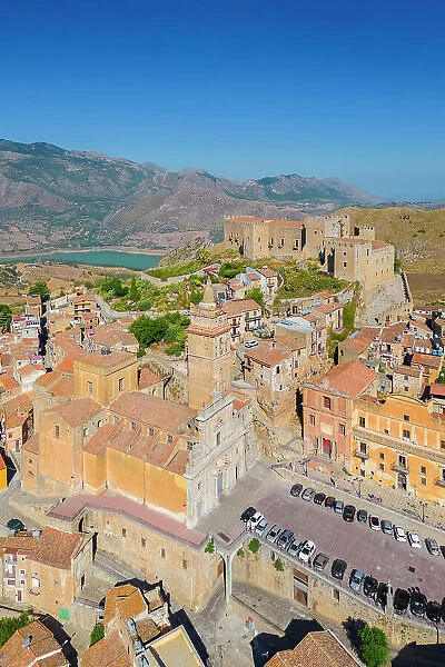 Aerial view of the ancient church and castle of Caccamo, Palermo district, Sicily, Italy