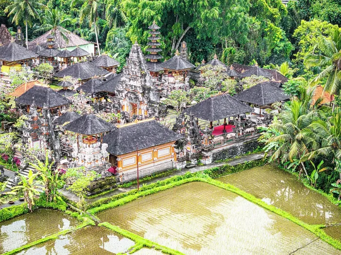 Framed Print : Aerial view of an ancient monastery and surrounding rice fields in a lush rainforest, Ubud, Indonesia Framed Print : Aerial view of an ancient monastery and surrounding rice fields in a lush rainforest, Ubud, Indonesia