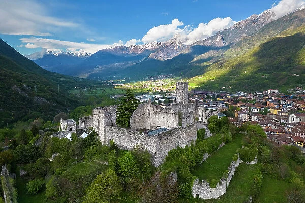 Aerial view of the ancient ruins of the castle of Breno. Brescia province, Valcamonica valley, Lombardy, Italy, Europe