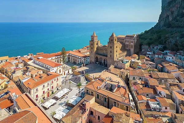 Aerial view of the ancient town of Cefalu, Unesco World Heritage site, Palermo district, Sicily, Italy