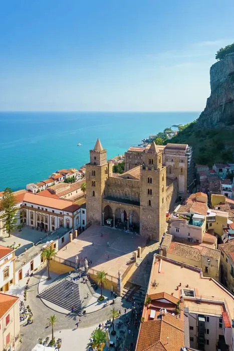 Framed Print : Aerial view of the ancient town of Cefalu, Unesco World Heritage site, Palermo district, Sicily, Italy