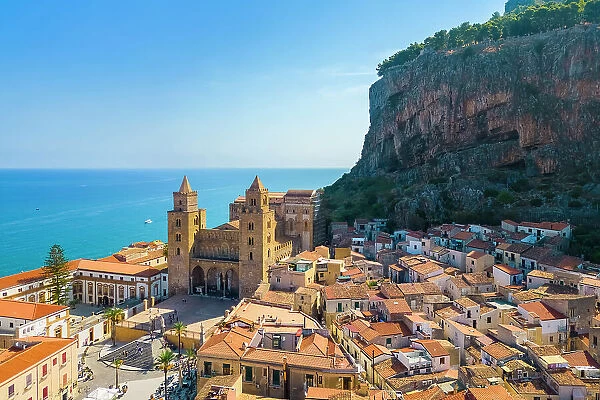 Aerial view of the ancient town of Cefalu, Unesco World Heritage site, Palermo district, Sicily, Italy