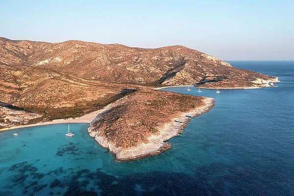Aerial view of Ano and Kato Myrsini Bay in Polyaigos Island, near Milos and Kimolos Island (Cyclades Islands, Greece)