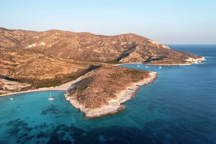 Framed Print : Aerial view of Ano and Kato Myrsini Bay in Polyaigos Island, near Milos and Kimolos Island (Cyclades Islands, Greece) Framed Print : Aerial view of Ano and Kato Myrsini Bay in Polyaigos Island, near Milos and Kimolos Island (Cyclades Islands, Greece)