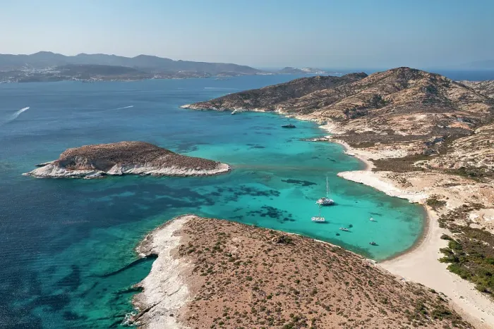 Framed Print : Aerial view of Ano Myrsini Bay in Polyaigos Island, near Milos and Kimolos Island (Cyclades Islands, Greece) Framed Print : Aerial view of Ano Myrsini Bay in Polyaigos Island, near Milos and Kimolos Island (Cyclades Islands, Greece)