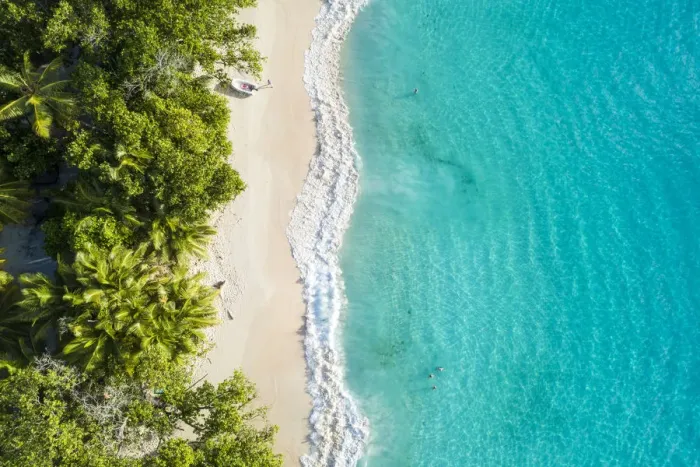 Framed Print : Aerial view of Anse Lazio beach. Praslin island, Seychelles, Africa