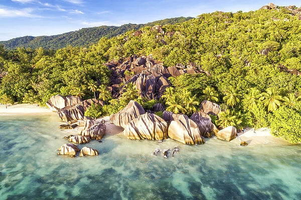 Aerial view of Anse Source d Argent beach, La Digue island, Seychelles, Africa