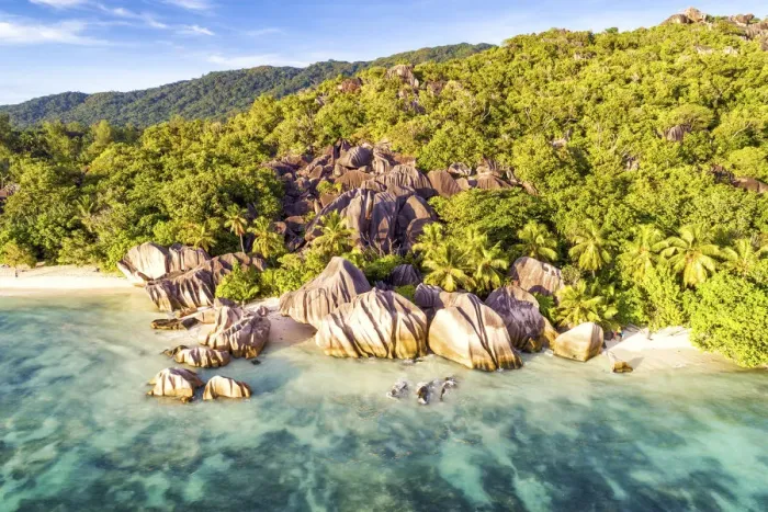 Framed Print : Aerial view of Anse Source d Argent beach, La Digue island, Seychelles, Africa Framed Print : Aerial view of Anse Source d Argent beach, La Digue island, Seychelles, Africa