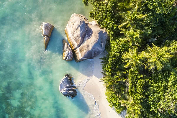 Aerial view of Anse Source d Argent beach, La Digue island, Seychelles, Africa