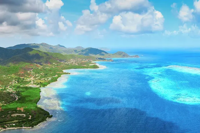 Framed Print : Aerial view over Antigua, Antigua & Barbuda, Caribbean, West Indies Framed Print : Aerial view over Antigua, Antigua & Barbuda, Caribbean, West Indies