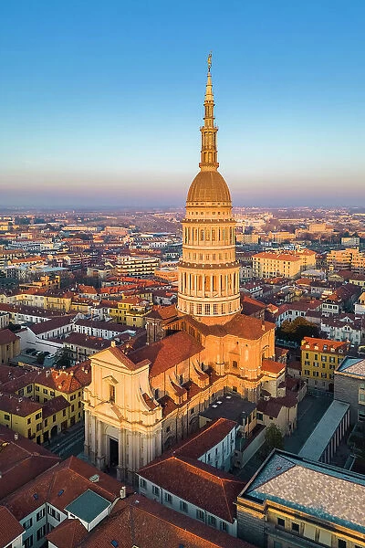 Aerial view of the Antonelli's dome and San Gaudenzio Basilica, at sunset in winter. Novara, Piedmont, Italy
