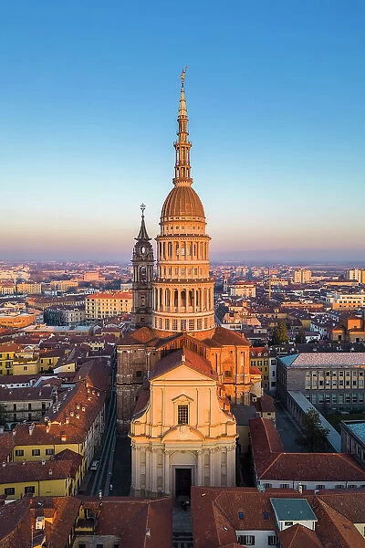 Aerial view of the Antonelli's dome and San Gaudenzio Basilica,  at sunset in winter. Novara, Piedmont, Italy