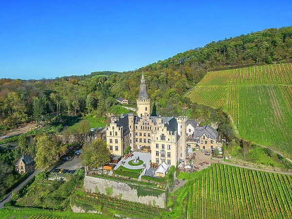 Aerial view at Arenfels castle at Bad Honningen, Westerwald, Rhine valley, Rhineland-Palatinate, Germany