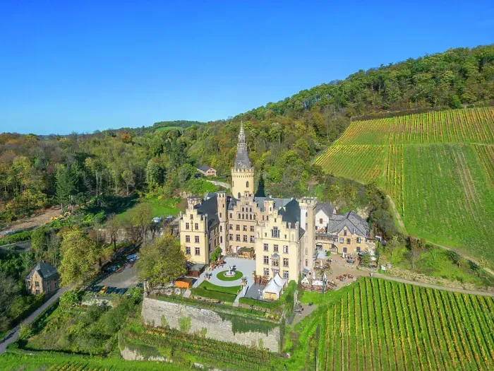 Framed Print : Aerial view at Arenfels castle at Bad Honningen, Westerwald, Rhine valley, Rhineland-Palatinate, Germany
