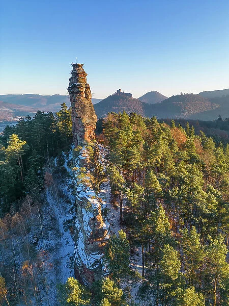 Aerial view at the Asselstein rock with Trifels castle, Annweiler, Palatinate forest, Rhineland-Palatinate, Germany