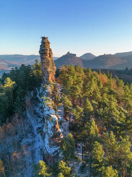 Framed Print : Aerial view at the Asselstein rock with Trifels castle, Annweiler, Palatinate forest, Rhineland-Palatinate, Germany Framed Print : Aerial view at the Asselstein rock with Trifels castle, Annweiler, Palatinate forest, Rhineland-Palatinate, Germany
