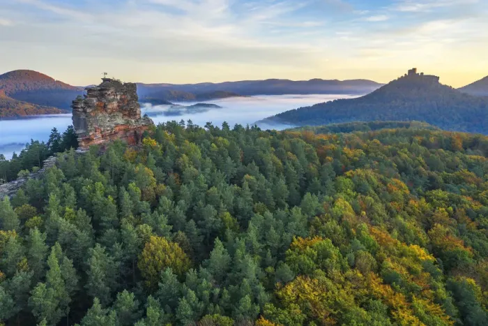 Framed Print : Aerial view at Asselstein with Trifels castle, Annweiler, Palatinate forest, Wasgau Framed Print : Aerial view at Asselstein with Trifels castle, Annweiler, Palatinate forest, Wasgau