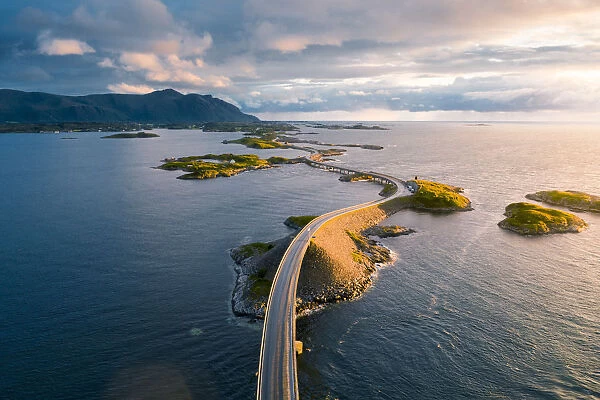 Aerial view of the Atlantic Ocean Road at sunset, More og Romsdal, Norway