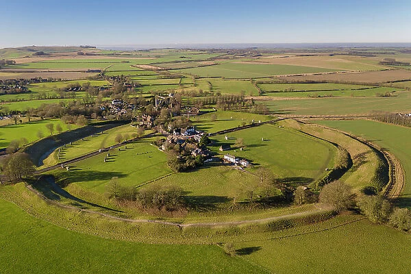 Aerial view of Avebury Rings Neolthic Henge and village, Wiltshire, England. Winter (January) 2022
