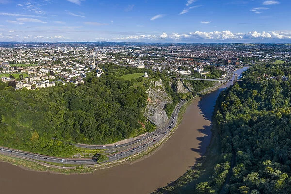 Aerial view over the Avon Gorge and Clifton Suspension Bridge, Bristol, England