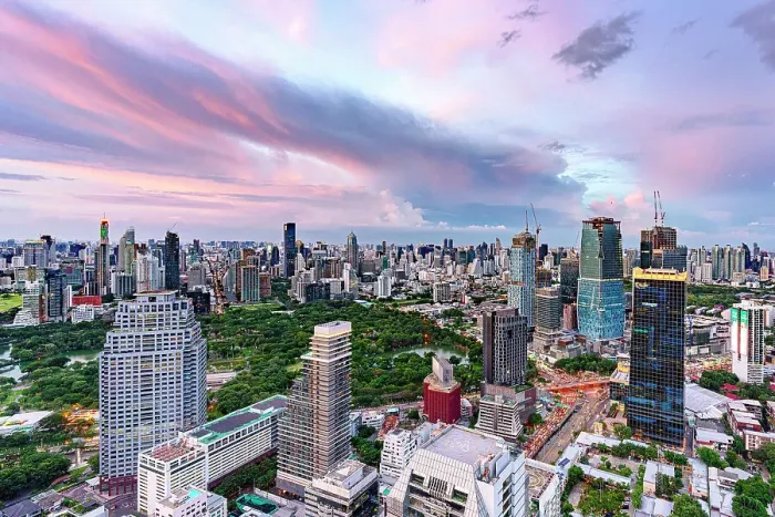 Framed Print : Aerial view of Bangkok city skyline at sunset, Thailand