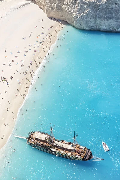 Aerial view of beach in summer with people. Zakynthos, Greek Islands, Greece
