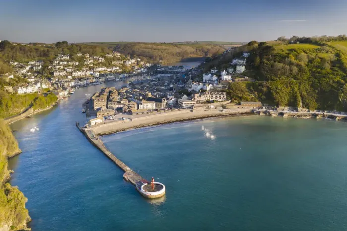 Framed Print : Aerial view of the beautiful Cornish fishing town of Looe on a sunny spring morning, Looe Framed Print : Aerial view of the beautiful Cornish fishing town of Looe on a sunny spring morning, Looe