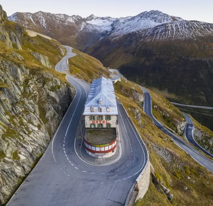 Framed Print : Aerial view of the Belvedere Hotel and the Furka Pass road, famous for a scene of the James Bond film Goldfinger, a high mountain pass in the Swiss Alps connecting Gletsch, Valais with Realp, Uri. Obergoms, Canton of Valais, Swiss Alps, Switzerland