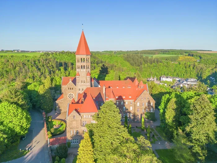Framed Print : Aerial view at Benedictine Abbey of St. Mauritius and St. Maurus Clervaux, canton Clervaux, Luxembourg Framed Print : Aerial view at Benedictine Abbey of St. Mauritius and St. Maurus Clervaux, canton Clervaux, Luxembourg