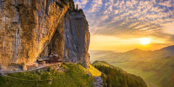 Framed Print : Aerial view of Berggasthaus Aescher at sunrise, Canton of Appenzell, Alpstein Framed Print : Aerial view of Berggasthaus Aescher at sunrise, Canton of Appenzell, Alpstein