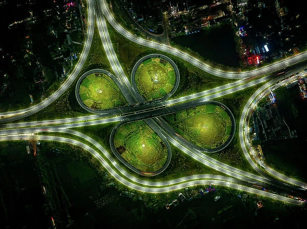Aerial view of Bhanga four circle, a complex road intersection in Faridpur, Bangladesh