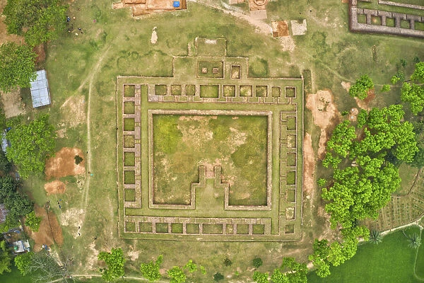 Aerial view of Bhasu Bihar, a famous and touristic archeological site in Bogra, Rajshahi
