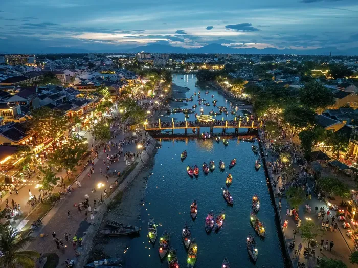 Framed Print : Aerial view of boats on the Thu Bon River at dusk, Hoi An, Central Vietnam Framed Print : Aerial view of boats on the Thu Bon River at dusk, Hoi An, Central Vietnam