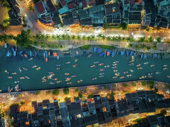 Framed Print : Aerial view of boats on the Thu Bon River at dusk, Hoi An, Central Vietnam Framed Print : Aerial view of boats on the Thu Bon River at dusk, Hoi An, Central Vietnam