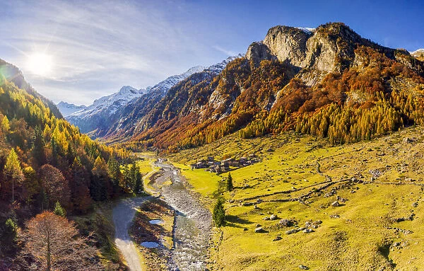 Aerial view of Bodengo valley in autumn. Valchiavenna, Valtellina, Lombardy, Italy