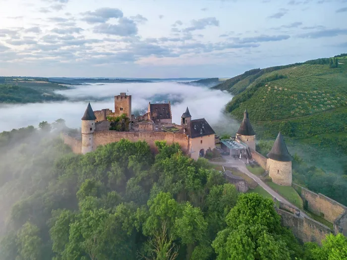 Framed Print : Aerial view at Bourscheid Castle in the Sauer Valley in morning fog, canton Diekirch, Luxembourg Framed Print : Aerial view at Bourscheid Castle in the Sauer Valley in morning fog, canton Diekirch, Luxembourg