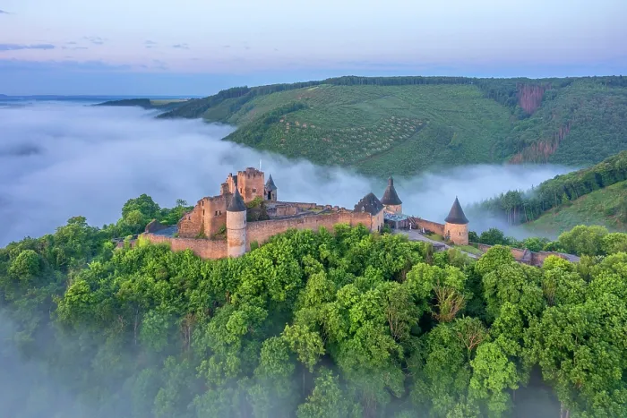 Framed Print : Aerial view at Bourscheid Castle in the Sauer Valley in morning fog, canton Diekirch, Luxembourg Framed Print : Aerial view at Bourscheid Castle in the Sauer Valley in morning fog, canton Diekirch, Luxembourg