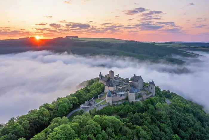 Framed Print : Aerial view at Bourscheid Castle in the Sauer Valley at sunrise, canton Diekirch, Luxembourg Framed Print : Aerial view at Bourscheid Castle in the Sauer Valley at sunrise, canton Diekirch, Luxembourg
