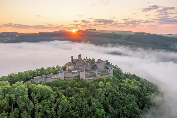 Framed Print : Aerial view at Bourscheid Castle in the Sauer Valley at sunrise, canton Diekirch, Luxembourg Framed Print : Aerial view at Bourscheid Castle in the Sauer Valley at sunrise, canton Diekirch, Luxembourg
