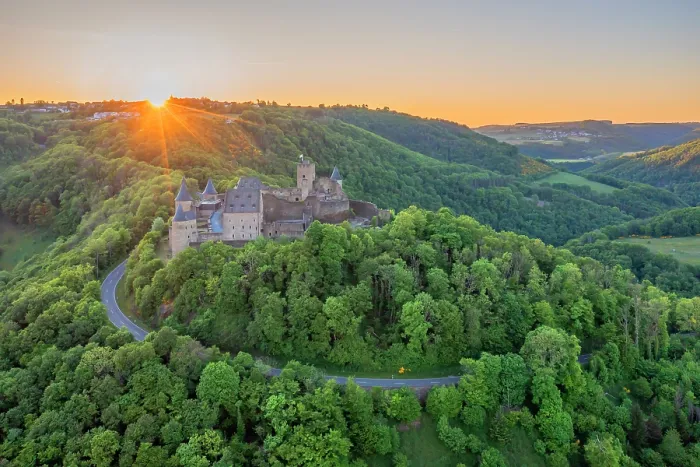 Framed Print : Aerial view at Bourscheid Castle in the Sauer Valley at sunset, canton Diekrich, Luxembourg Framed Print : Aerial view at Bourscheid Castle in the Sauer Valley at sunset, canton Diekrich, Luxembourg