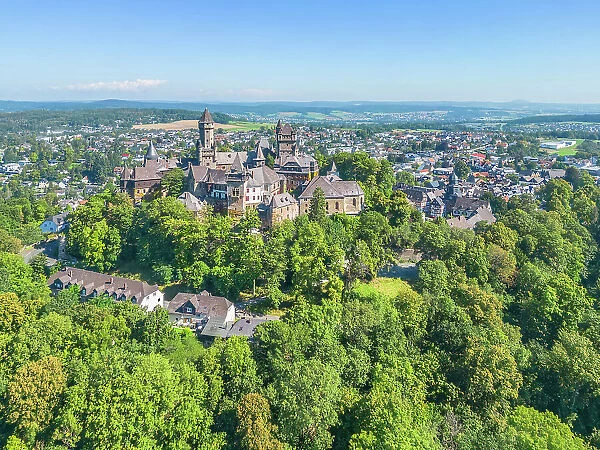 Aerial view at Braunfels castle, Lahn, Lahn valley, Westerwald, Hesse, Germany