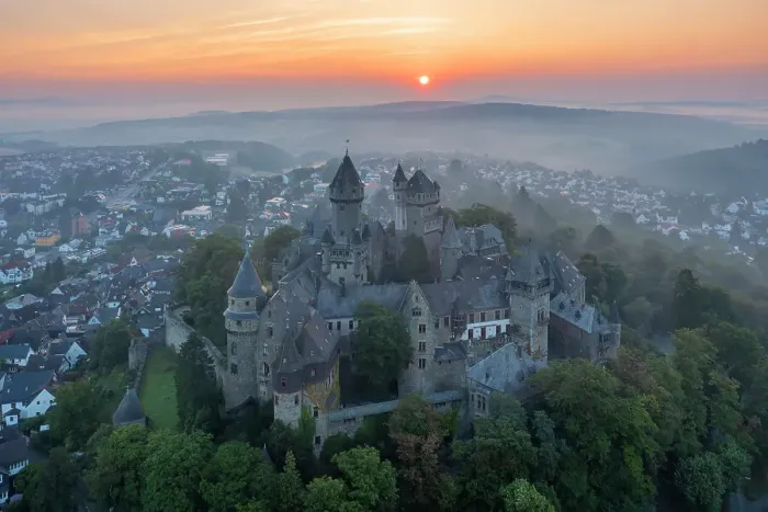 Framed Print : Aerial view at Braunfels castle at sunrise, Lahn, Lahn valley, Westerwald, Hesse, Germany