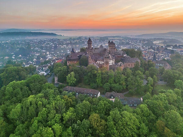 Aerial view at Braunfels castle at sunrise, Lahn, Lahn valley, Westerwald, Hesse, Germany
