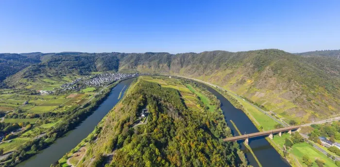 Framed Print : Aerial view at Bremm with Calmont and Petersberg chapel, Mosel valley Framed Print : Aerial view at Bremm with Calmont and Petersberg chapel, Mosel valley