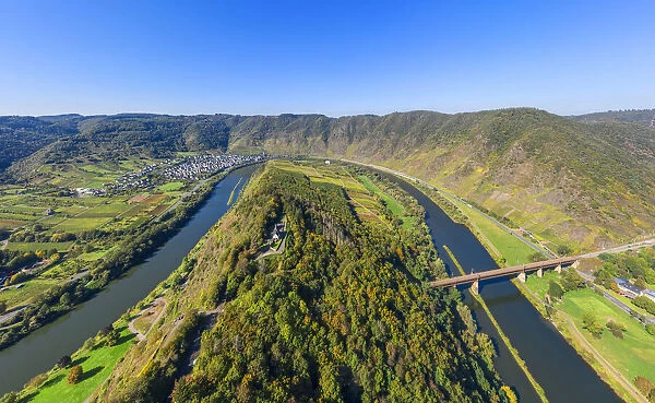 Aerial view at Bremm with Calmont and Petersberg chapel, Mosel valley