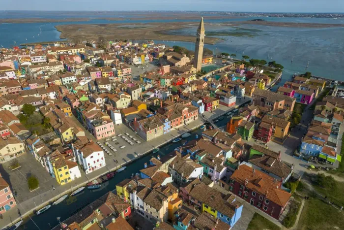 Framed Print : Aerial view of Burano, Venice, Veneto, Italy, Europe